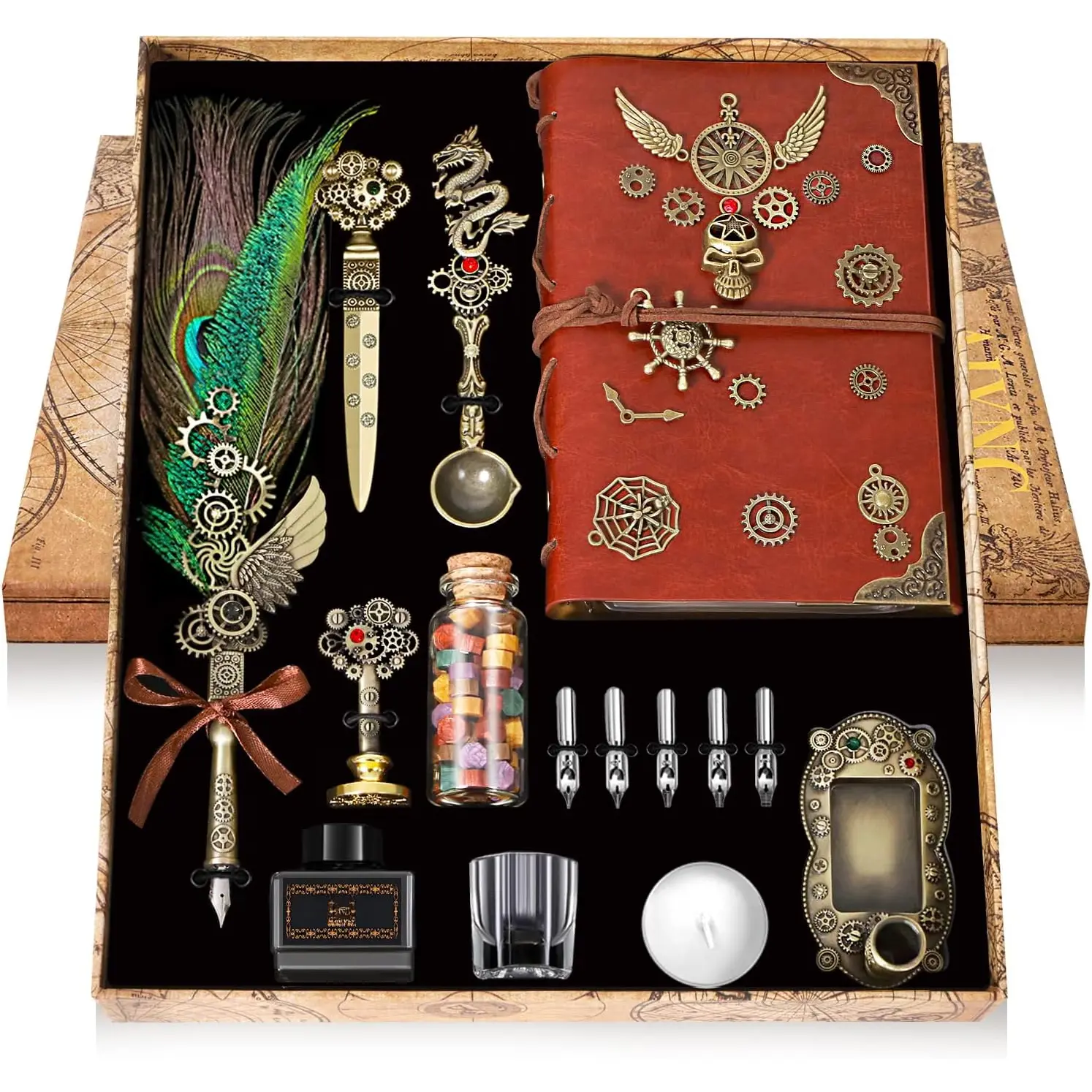Quill Pen and Ink Set, With Notebook Wax Seal  Kit, Calligraphy Set for Writing Lovers, Valentine's Day and Birthday Gifts, Ideal for Holidays(Peacock )