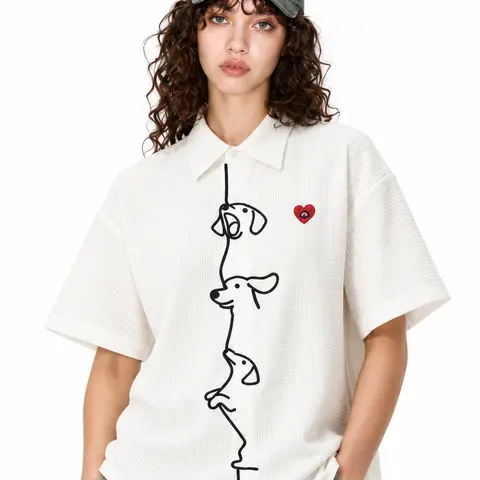 Aelfric Eden Boxy Dachshund Embroidery Short Sleeve Shirt Playful Dachshund Line Embroidery Waffle Fabric Classic Point Collar Unisex Retro Casual Summer Top