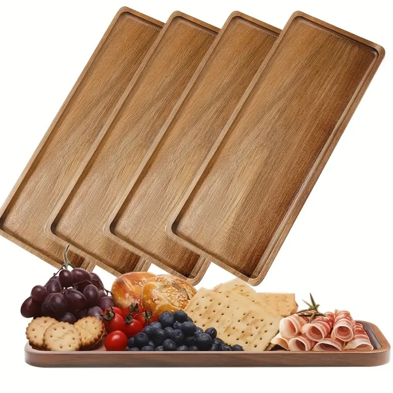 5pcs Acacia Wood Serving Platter, Dinnerware, Tableware, Rectangular Longboard, 11.4 Inches - Decorative Tray, Rectangular Wooden Tray, Home Decor Serving Cheese Board, Appetizer Plate, Kitchen Dinner Plate, Rectangular Cake Dessert Tray