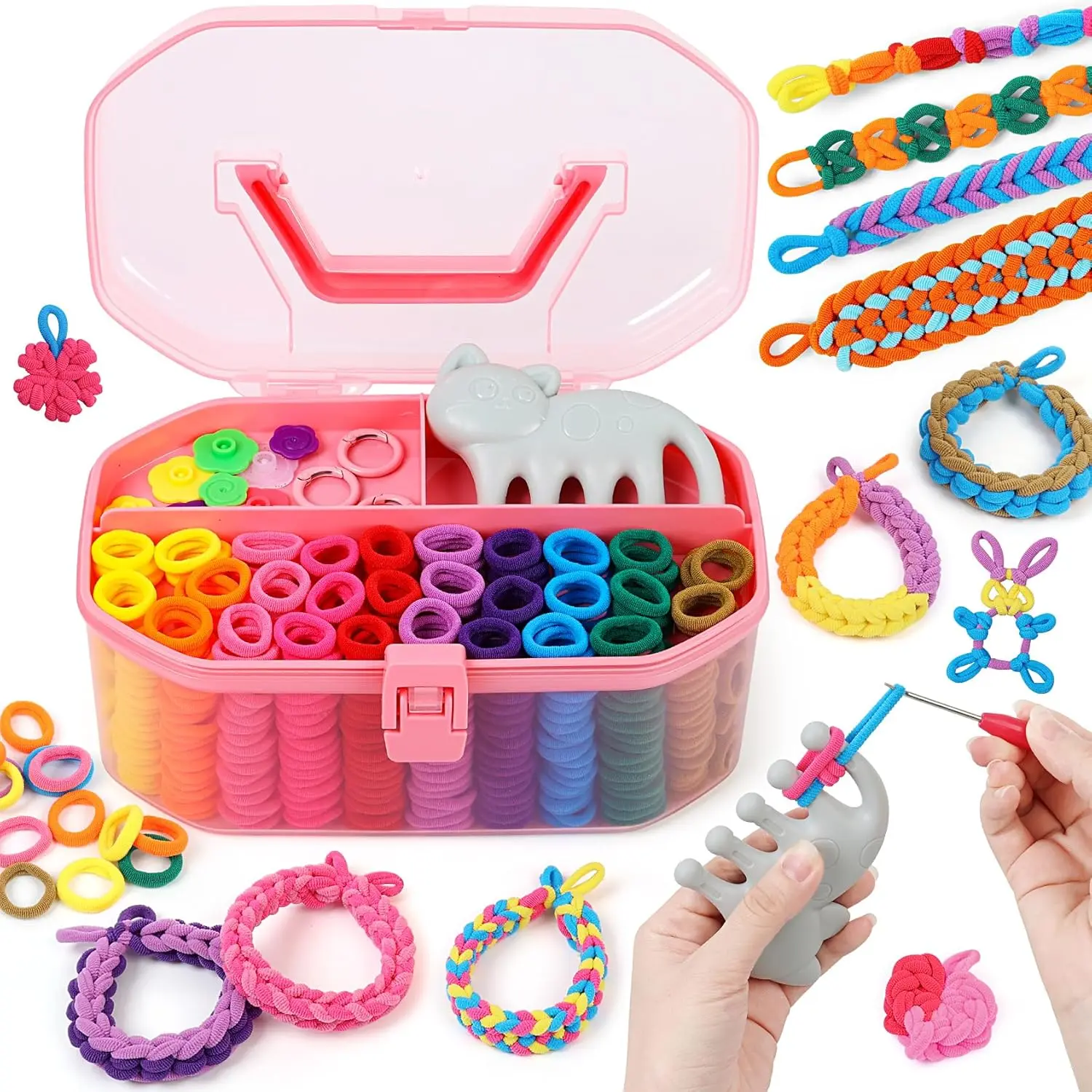 Girls 7-12 Yrs DIY Rubber Band Bracelet Making Kit - Crafting Toy Set with Cat Weaving Comb, 1000+ Colorful Hair Ties, Organizer Case, Jewelry Making Gift