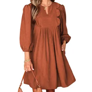 Asvivid Women's Casual Basic Bracelet Sleeve Split Neck Scallop Detail Pleated Corduroy Mini Dress for Spring Fall Fashion