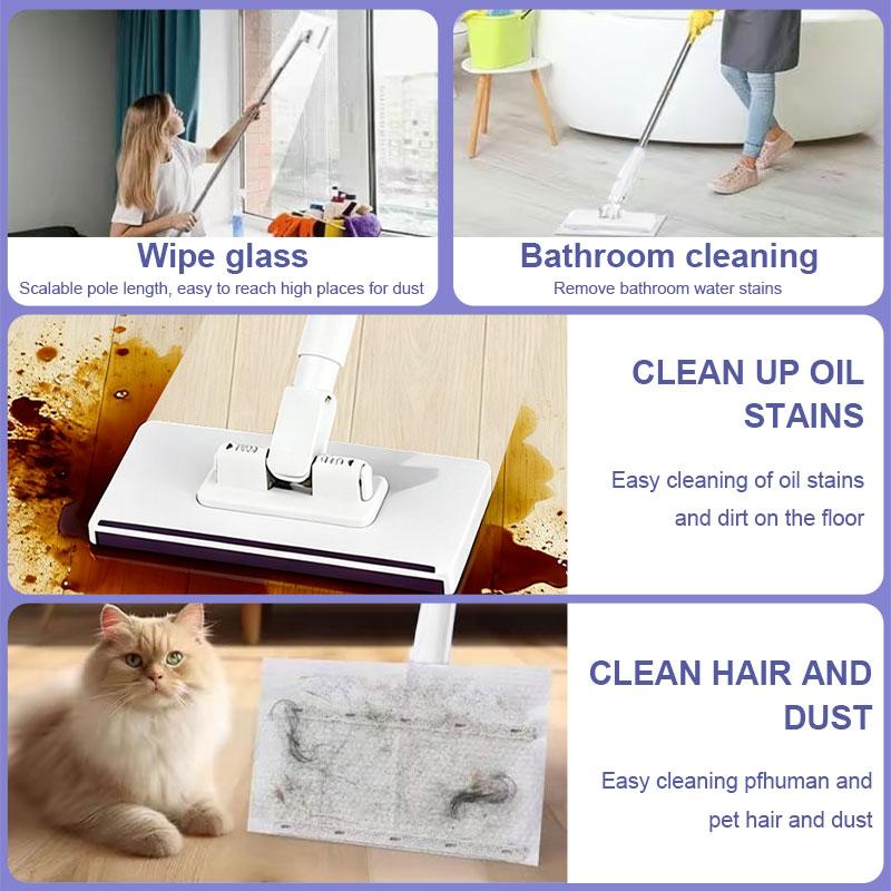 Adjustable Reusable Clamp Mop – 3-Piece Handle Up to 48”, Use Long or Short, Strong Grip for Paper Towels, Rags & Wet Wipes, No Refill Needed