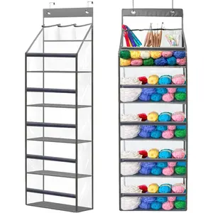 Hanging Yarn Storage Organizer, Large Capacity Yarn Storage Bag with 5 Yarn Ball Pockets & 3 Top Crochet/Knitting Needles Pockets, Transparent Door Hanging Knitting Storage