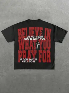 Men's Slogan & Cross Print Round Neck Tee, Regular Fit Short Sleeve Crew Neck T-shirt for Summer, Casual Streetwear Top, Casual Men's Top for Daily Wear