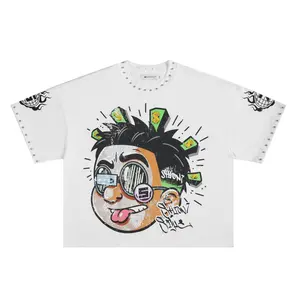 100% Cotton Tee, Rhinestones Casual Over-sized Money Cartoon Graphic T-Shirt Men Streetwear Hip Hop Top