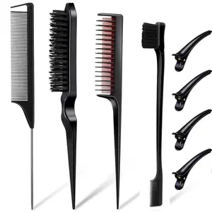 8 Pieces Styling Comb Set - Teasing Brush, Rat Tail Comb, Edge Brush for Slicking and Combing Hair for Women (Black))