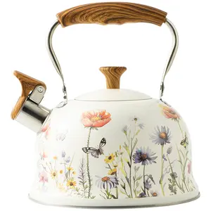 Tea Kettle for Stove Top, 2.7 Quart Whistling Kettle with Floral Pattern for Boiling Water Coffee or Milk, Stainless Steel Tea Pots with Wood Pattern Folding Handle, Work for All Stovetops