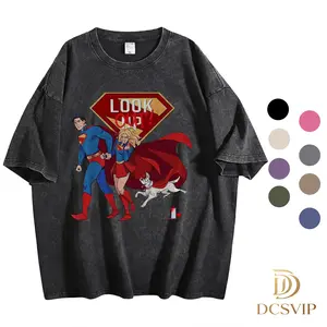【Justice League】Retro Superman Supergirl With Pet Dog Krypto Look Out Letter Printed Washed Tee Loose Fit Summer Cotton Top For Superman Comic Fans