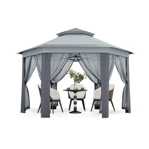 Instant Pop Up Hexagonal Gazebo with Mosquito Netting and Double Vented Roof, Adjustable Height Outdoor Canopy, Heavy Duty Sun Shelter for Patio, Garden, Backyard