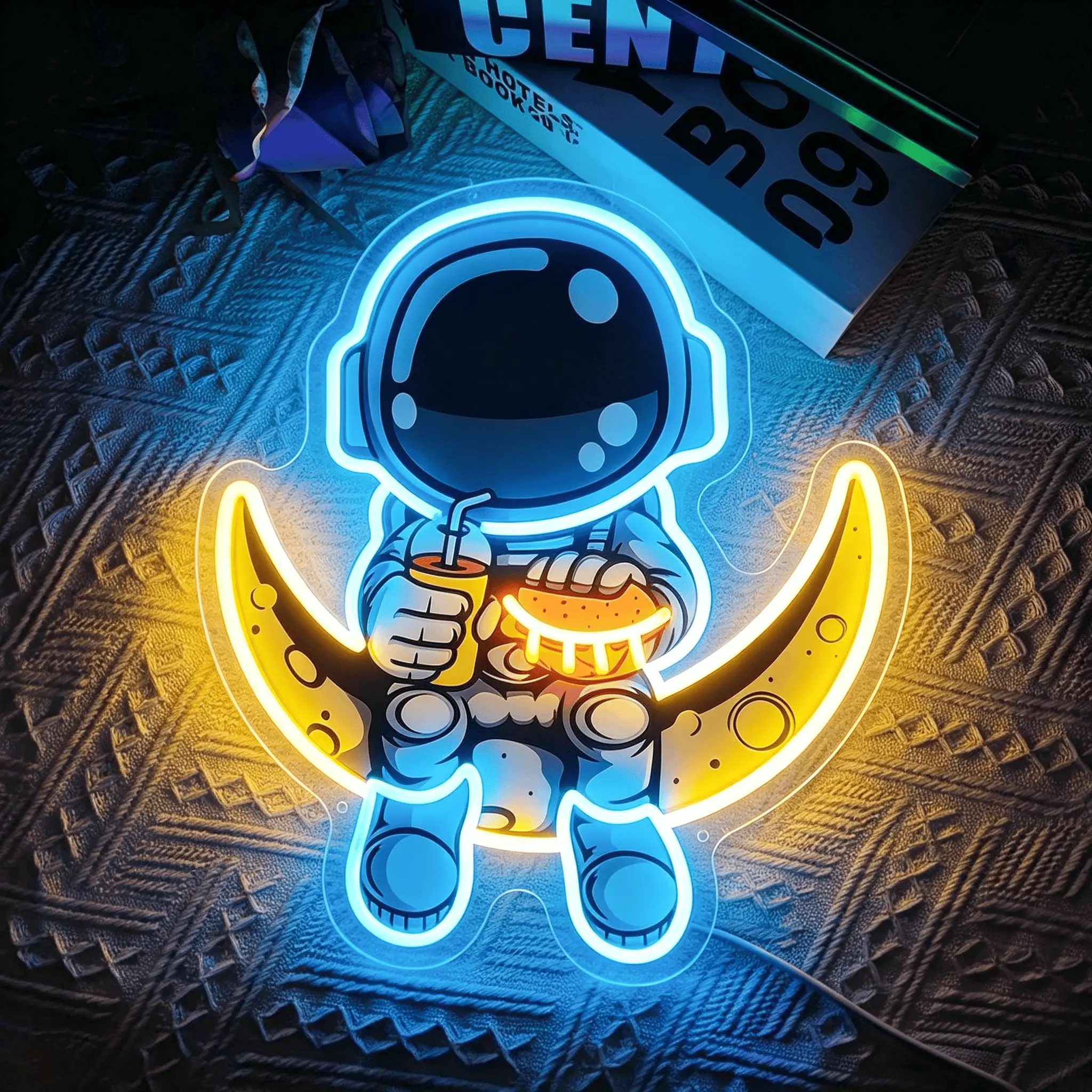 Astronaut Eats Burger Neon, Artwork Handmade Moon Led, Astronaut Sign Family Bedroom Wall Decoration Party Bar, UV Printed Neon Art, Wall Decoration, Shop, Club Garage Bedroom, Home Art Decoration