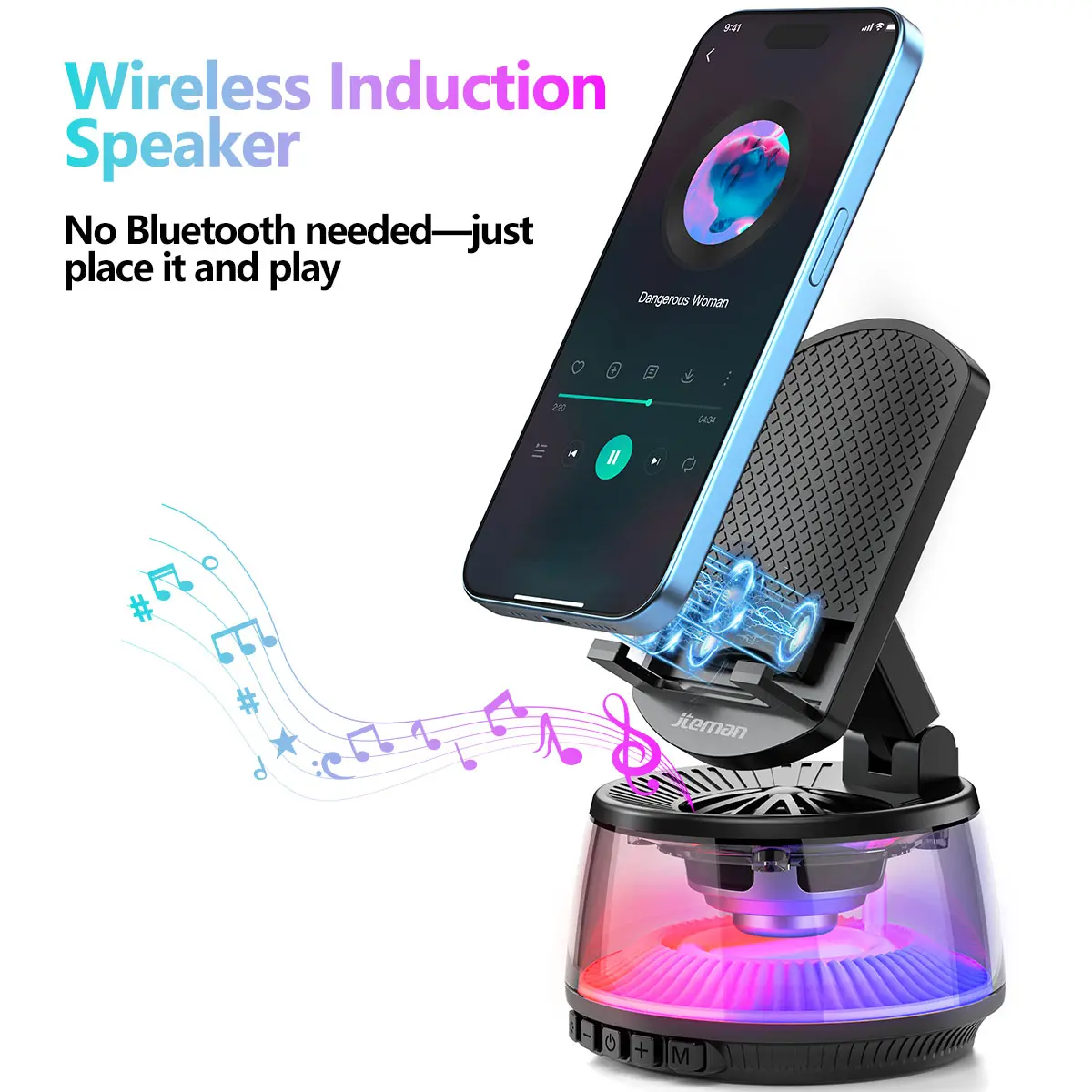 Jteman 3-in-1 wireless induction speaker and phone stand features a transparent housing and an LED ambient light. Foldable and compatible with tablets, iPhones, and Android devices, it serves as an ideal gift for both men and women.