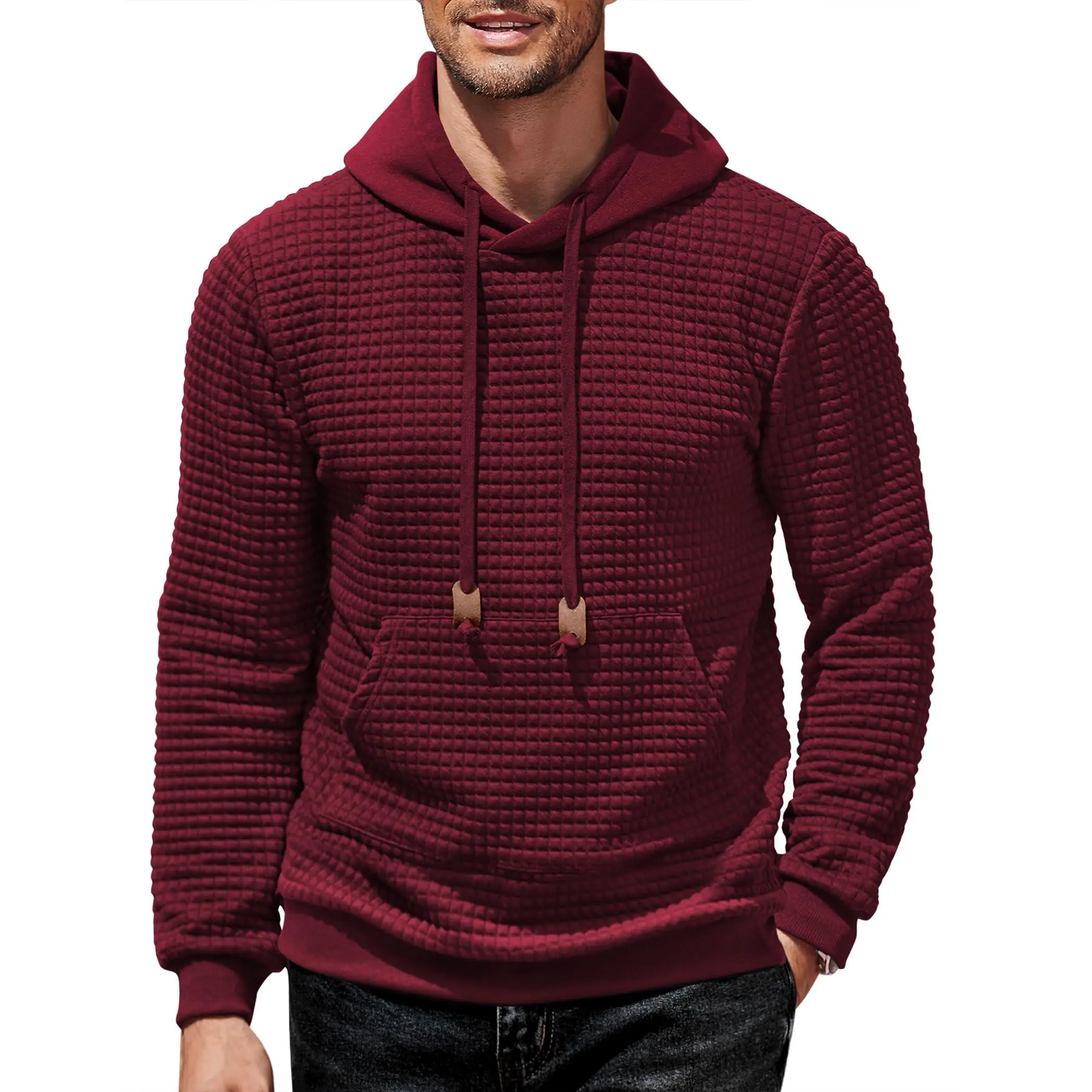 COOFANDY Men's Hoodie Top - Long Sleeve Casual Plain Waffle Knit Kangaroo Pocket Pullover Sweatshirt with Comfortable Fabric, Menswear, Longsleeves, Simple, Drawstring, Classic, Relaxed, Solid/Plaid, Fashion Apparel, Us Sizes, Polyester