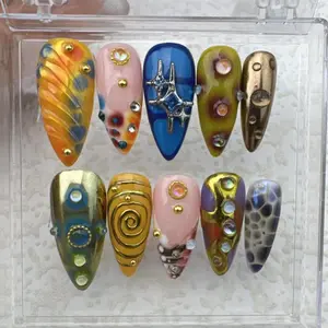 NS7 Colorful Abstract Art Press-On Nails, 3D Star Charm Detail, Gold Spiral & Stud Accents, Multicolor Marble Airbrush Design, Glossy Stiletto Shape, Custom Press-On Nail, Bold Statement Style, Gifts for Her, Solana Nails Town
