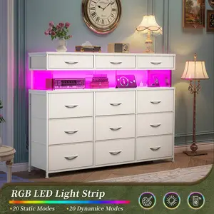 12-Drawer Fabric Dresser With Charging Station, LED Lights & 10MM Acrylic Sheet Storage Chest For Bedroom, Closet, Or Living Room,White