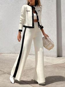 women's contrast binding button front sweater coat  & straight leg pants two-piece set, casual long sleeve round neck top & trousers 2 piece set for fall & winter, 2 piece sets women, women's clothes for daily wear