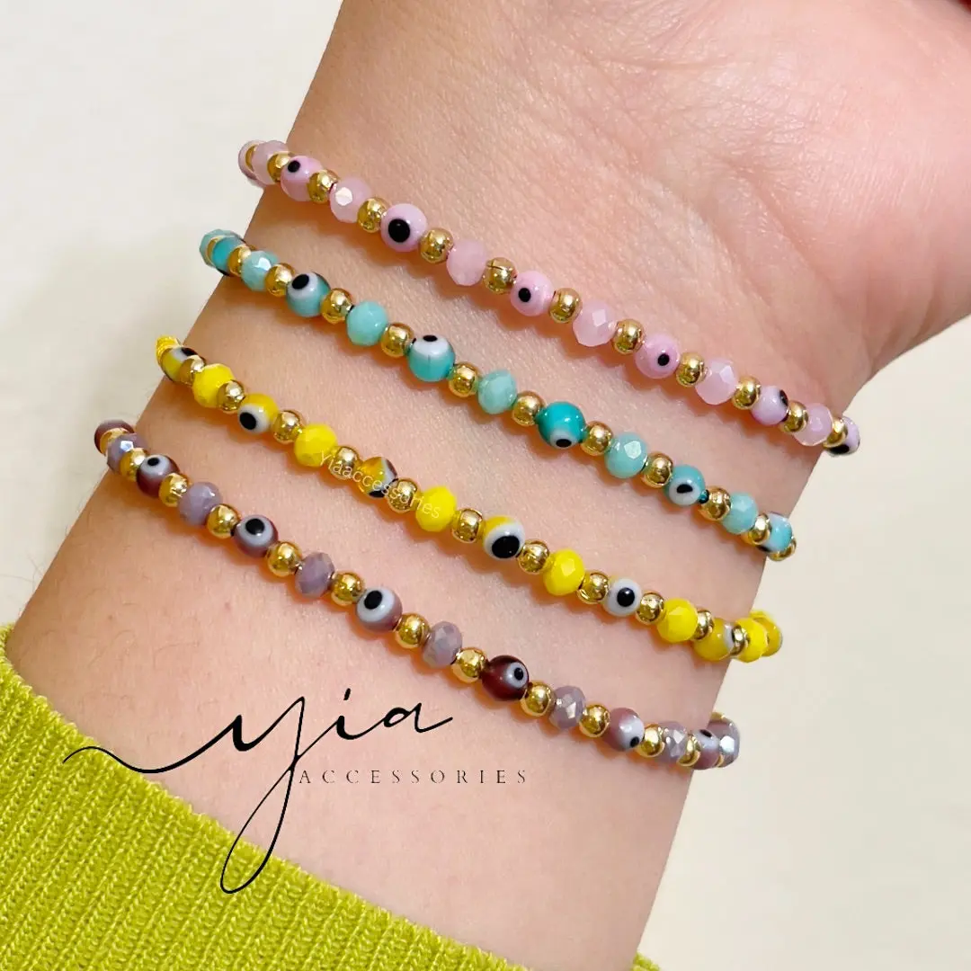 Boho Evil Eye Bracelet, Colorful Gold Plated Beaded Bangle for Stacking with an Adjustable Unisex Design for Casual Wear, Gold Plated Bangle, Adjustable Beaded Design, Colorful Bracelet Stack, Beaded Band, Evil Eye Color, Colorful Bracelets, Bohemian Brac