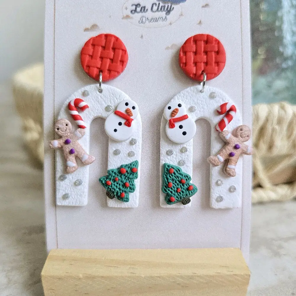 La Clay Dreams Handmade Polymerclay Earrings with Christmas Arch Design Featuring Snowman Gingerbread Man, Candy Cane and tree