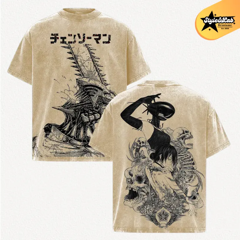 Denji x Reze Chainsaw Man Anime Double Printed Vintage Washed Tee Unisex Oversize Anime Manga Washed Heavyweight Cotton T-shirt