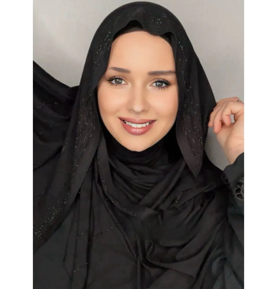 Rhinestone Lines Soft Jersey Hijab Shawl - Black