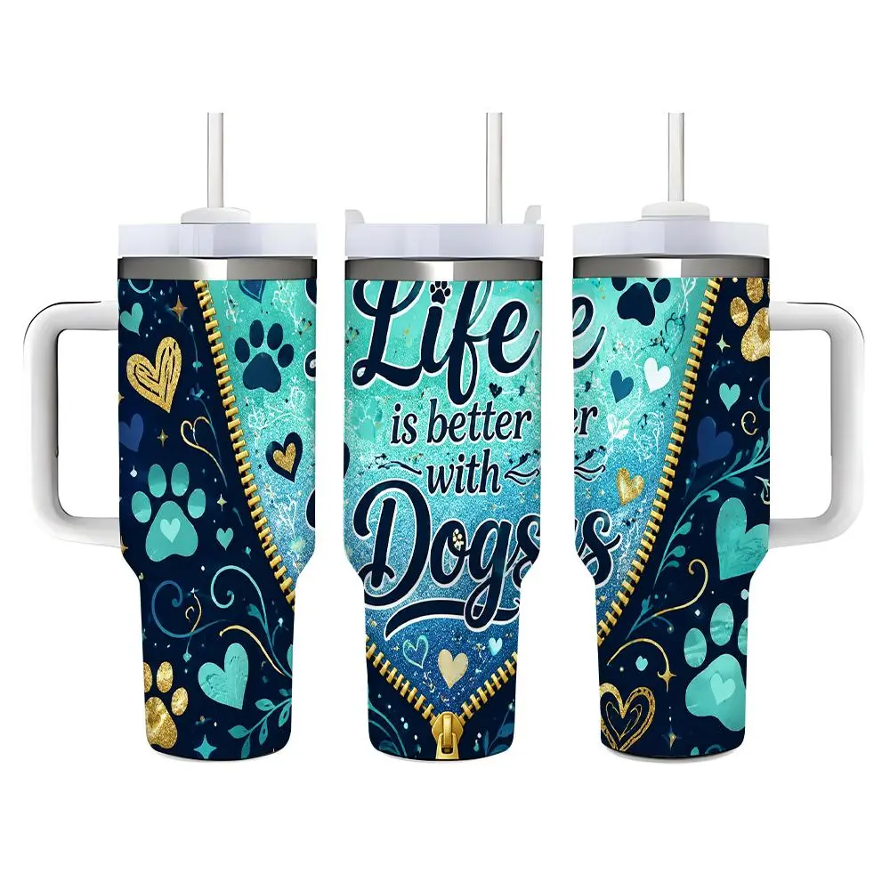 40oz Life Is Better With Dogs Pattern Blue Gold Heart Paw Print Stainless Steel Tumbler， Tumbler with Handle and Straw Double Wall Vacuum Insulated Travel Mug， Coffee Cups With Lids， Perfect Gifts For Birthday Holidays.