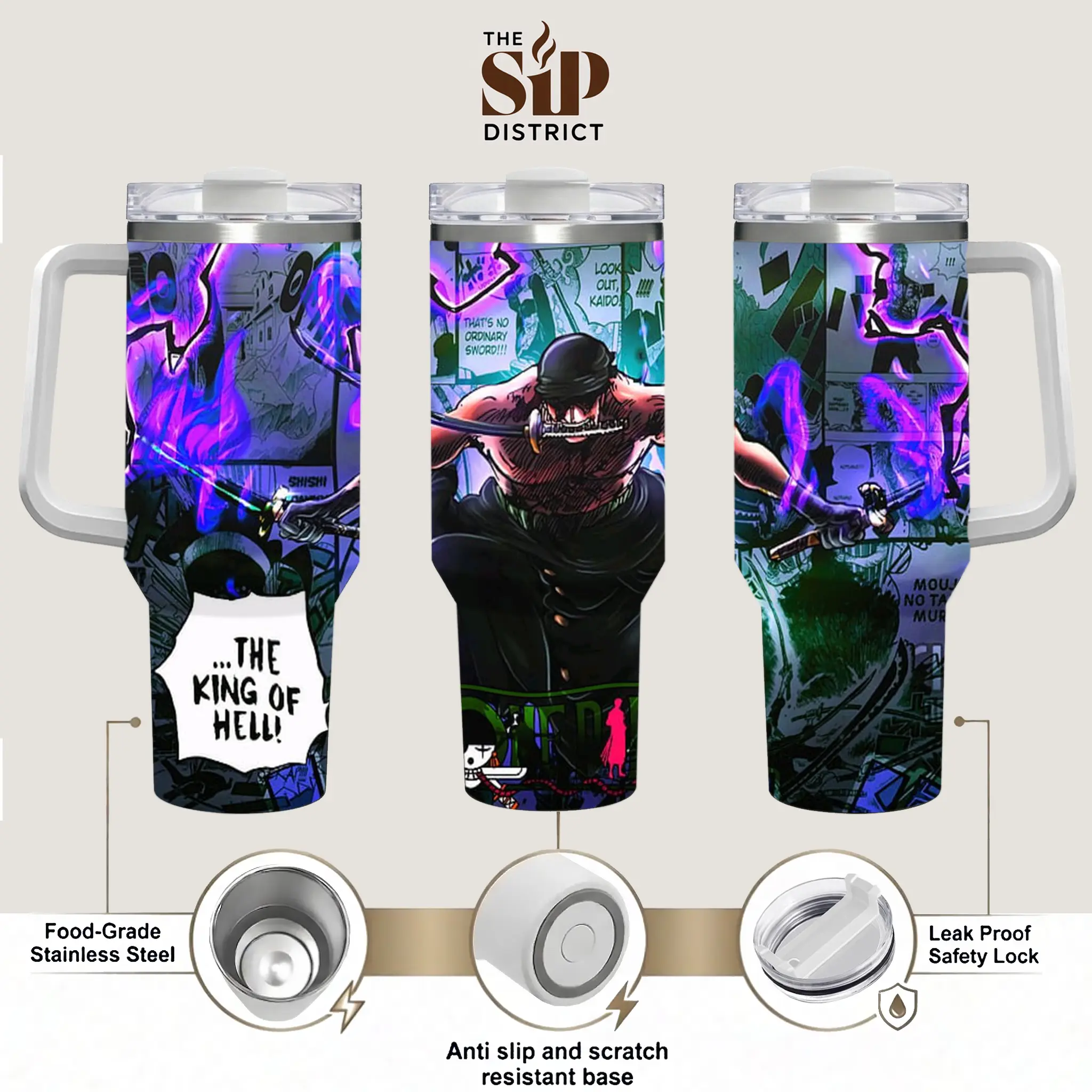 The Sip District. Roronoa Zoro Manga Panel 20oz &30oz  40oz Tumbler, Anime Samurai Stainless Steel Travel Cup, Double Wall Insulated Handle Mug, Pirate Hunter Graphic Drinkware, Otaku Gift for Manga Lovers