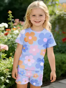 Summer Collection Girls' Shorts + Short Sleeve Set, two-piece set with blue pink orange flowers print, loose breathable skin-friendly soft, casual home sweet versatile kids' T-shirt and shorts