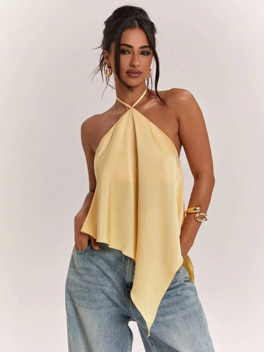 Lumina x BAE Women's Casual Vacation Halter Backless Asymmetrical Hem Yellow Solid Satin Camisole Top, Suitable For Beach Sisters Leisure Elegant Practical