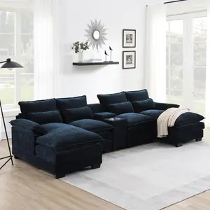 Aobtkel 123*55"Modern U-shaped Sectional Sofa with Console,Cup Holders and USB Charger,6 Seat Upholstered Symmetrical Indoor Furniture,Comfy Chenille Cloud Couch with Chaise for Living Room,Apartment boneless sectional couch bean bag couches f#Summervibes