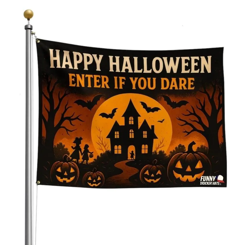 Halloween Flag: Funny Skeleton & Haunted House Banner - 3x5ft Outdoor Decor