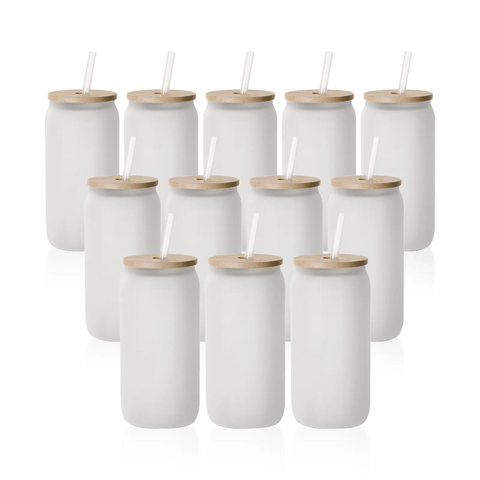 Sublimation Glass Beer Can Frosted White With Bamboo Lid And Glass Straw 18 OZ 12 Pack
