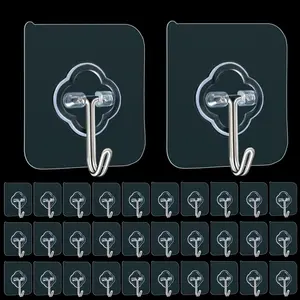 [New Deal] 32 Pack Adhesive Hooks, 33lb(Max) Sticky Hooks, Transparent Reusable Removable Adhesive Hooks for Hanging, Wall Hooks for Hanging Can be Use for Kitchen Bathroom Shower Outdoor Home Improvement Organiser Hangable Hangers