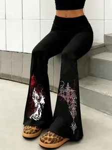 Women's leggings, crossover waistband, flared pants, gothic pattern, comfortable fit, suitable for all seasons, stylish women's everyday bottoms, versatile and easy to match, Fashion