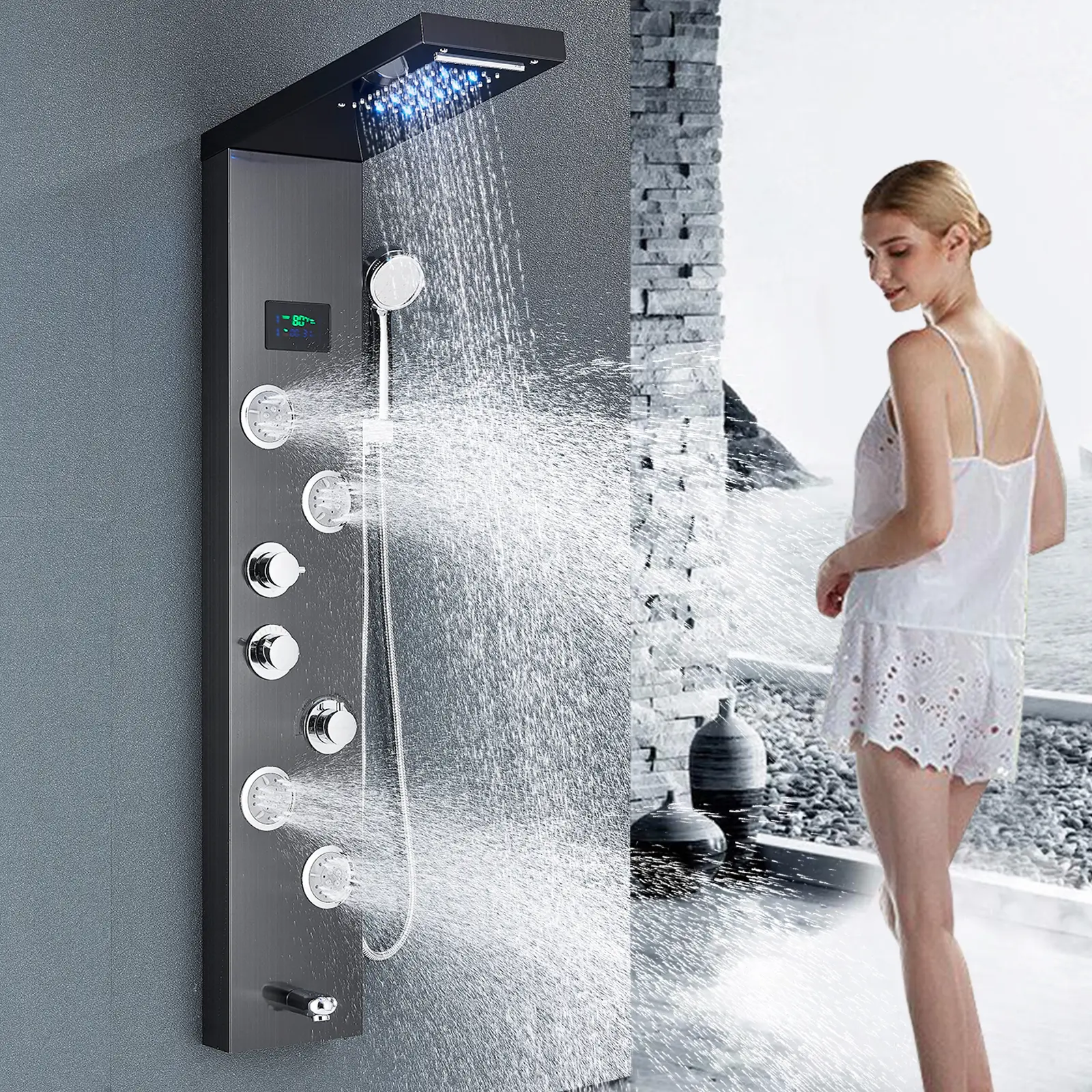 Stainless Steel Shower Panel Tower System 5-Function Shower Fixtures LED Rainfall Waterfall Shower Head with Handheld Shower,Bathroom Shower Column Massage Body Jets & Tub Spout
