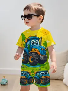 Cute Toddler Cartoon Tractor Set, Bright Base, Blue Fun Farm Machinery, Kids Engineering Car Short Sleeve Shorts Two-Piece Set