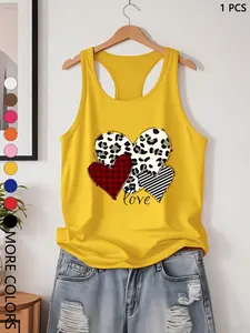 Women's Casual Fitted Heart Pattern Top, Trendy Outdoor Sports Vest, Yoga Tank, Denim Style, All Seasons Wear, Athletic Apparel, Yoga Workout Vest