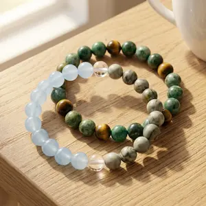 Hcrystyle Bracelet set - Natural African Turquoise, Tiger's eye stone, Aquamarine, Picture Jasper & Clear Quartz combination Designed to enhance steadiness and fluidity - Gift for love ones/ friends- birthday/ anniversary gift | 8mm beads 6.5-7.5 inches s