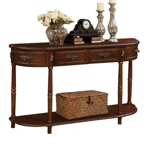 Retro Curved Wood Console Table 52 inch Half Moon Sofa Table with 2 Drawers & Open Shelf Solid Wood Entry Table for Living Room Hallway Cherry Finish