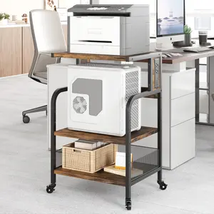 31.4''H Printer Stand with Power Outlets and USB Ports 3 Tier Printer Table w/Wheels Printer Storage Cart Rolling Printer Cart with Storage Shelf for Printer Scanner, Fax, Home Office, Rustic Brown/black