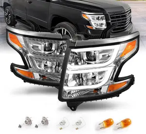 AmeriLite for 2015-2020 Chevy Tahoe Suburban Halogen Type Dual Crystal LED DRL Projector Chrome Headlights Set (Bulbs Included) - Passenger and Driver Side