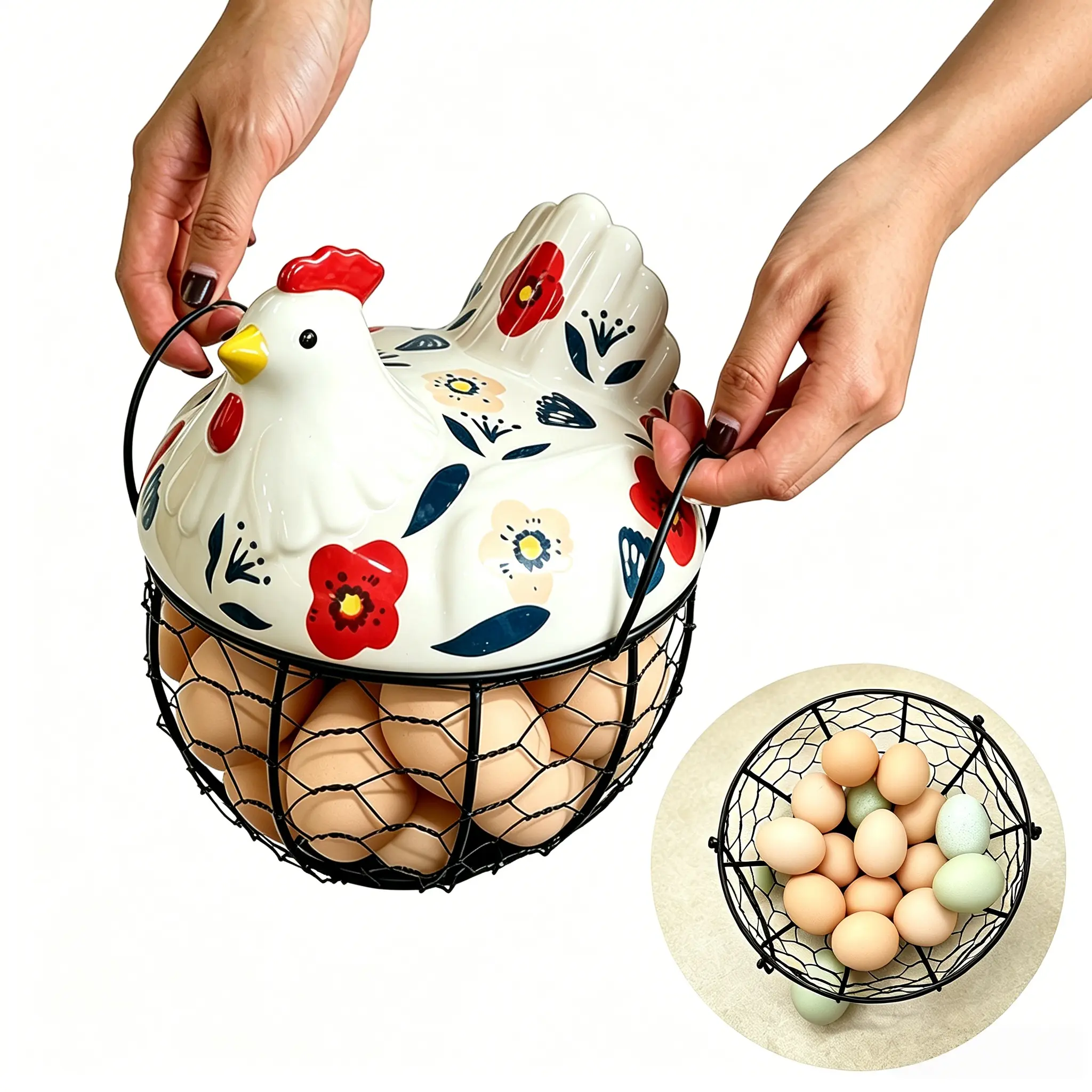 Farmhouse Style Ceramic Chicken Egg Basket with Metal Wire and Lid, Decorative Multi-Functional Kitchen Storage Box for Eggs Fruits Vegetables, Food Storage Organizer