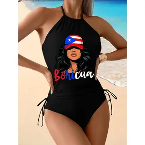 Women's Proud Boricua 2-Piece Tankini Bathing Suit Set, Puerto Rican Flag Design, Halter Tops, Tummy Control, Drawstring Neck for Summer Sports & Outdoor Swimwear