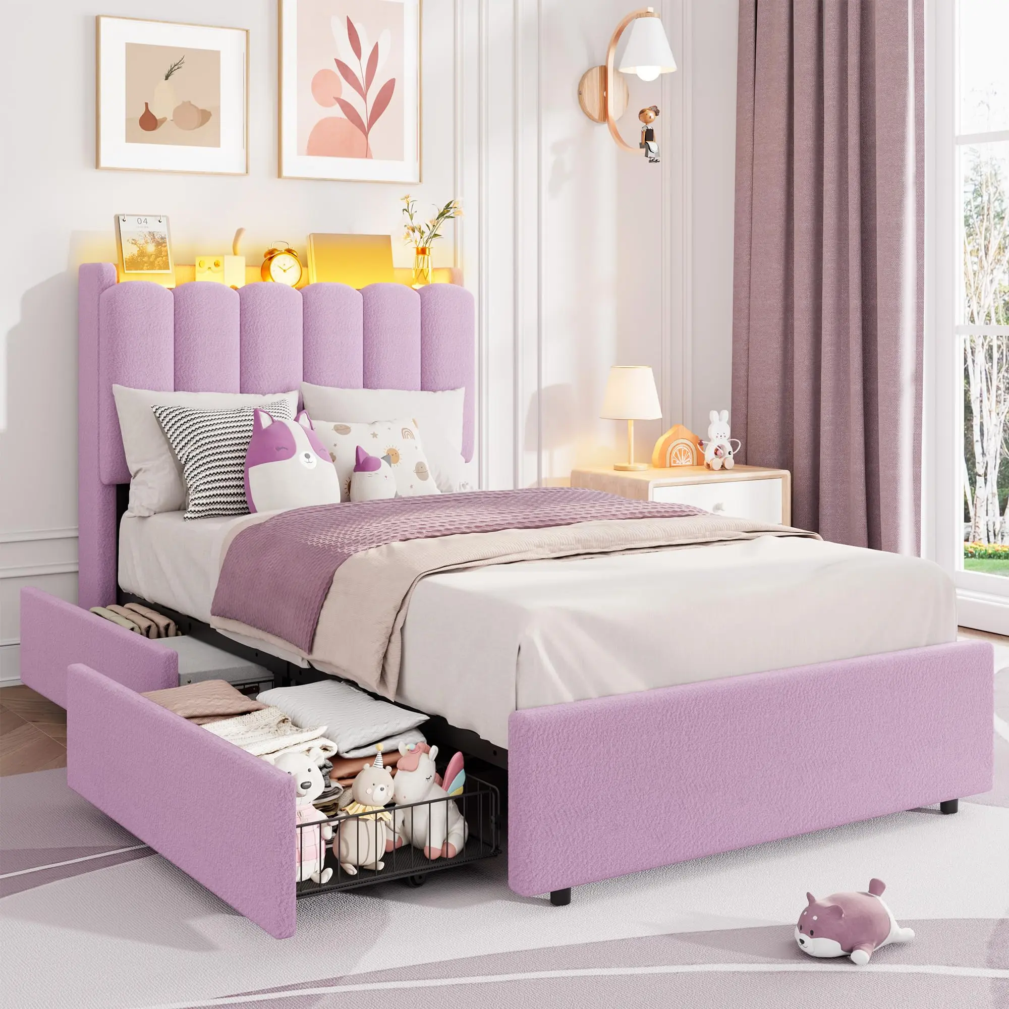 Twin Size Bed Frame with Storage Headboard & 2 Drawers, Boucle Upholstered Platform for Girls, Chic Wavy Bookcase Design, No Box Spring Needed,Purple