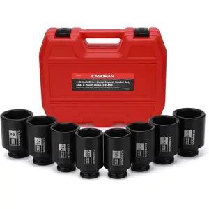 CASOMAN 8PCS 1/2"Dr. Deep Impact Socket Set-SAE, 1-9/16" to 2", 6-Point, Spindle Axle Nut Impact Socket Set, CR-MO, Impact Grade