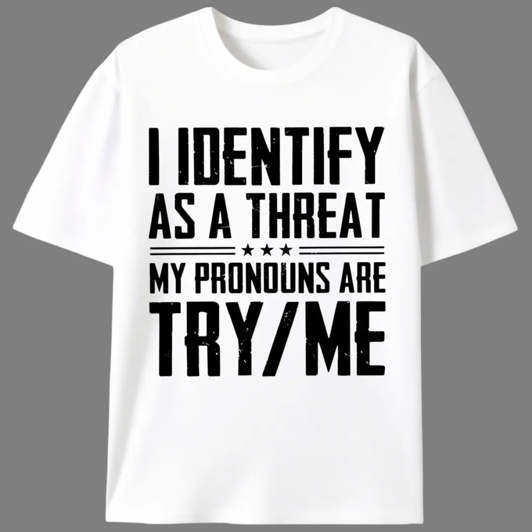 Men's Casual Graphic T-Shirt with "I Identify As A Threat" Print, Short-Sleeve Round Neck in 100% Cotton Knit Fabric, Edgy Unisex Fit for All Seasons