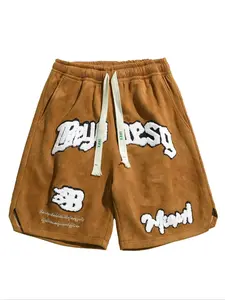 Men's Letter Embroidery Patched Drawstring Waist Suede Shorts, Regular Fit Casual Pocket Shorts for Summer, Fashion Men's Bottoms for Daily Wear, Shorts for Men, Casual Streetwear Shorts