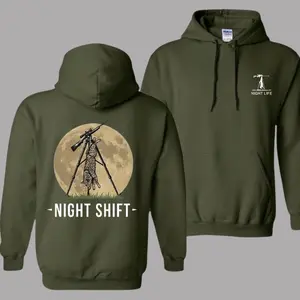 Night Shift Coyote Hunting Hoodie - Graphic Predator Hunter Pullover for Outdoorsmen - Warm Tactical Gear for Nighttime Varmint Shooting Apparel