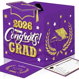 Graduation Wish Cards with Purple and Gold Graduation Card Holder Box - 36PCS Class Of 2026 Graduation Advice Cards and 2026 Congrats Grad Card Box for Graduation Party Decoration Purple