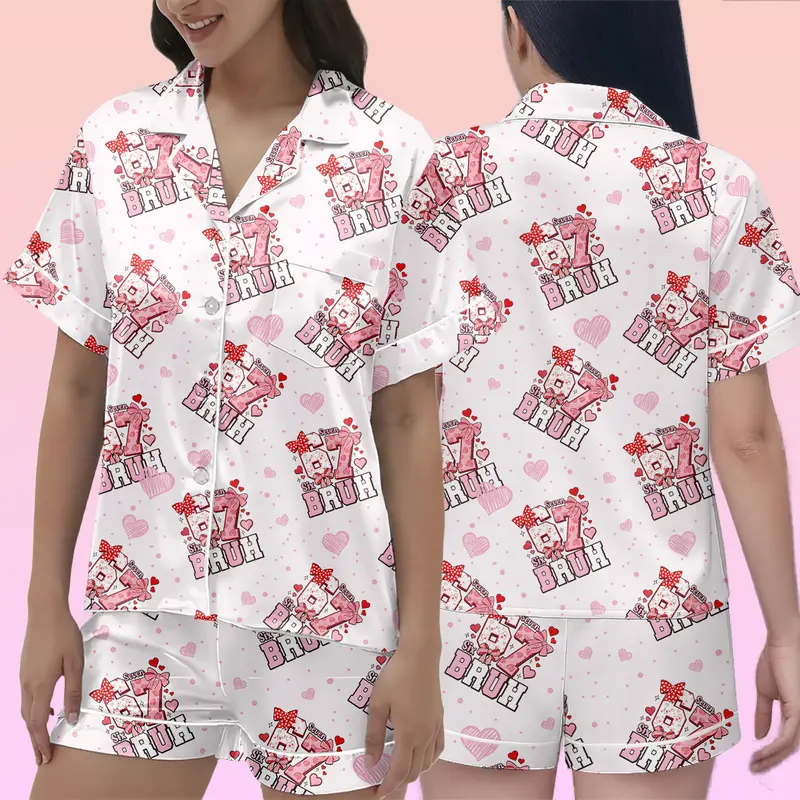 Valentine Six Seven 67 Short Pajamas Set, Funny Bruh With Pink & Red Dot Bow Design Loungewear, Gift For Girlfriend, Comfy Sleepwear | 060126.R0336.ID02