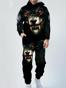 Men's Wolf Print Hoodie and Sweatpants Set - Soft and stretchy fabric, casual sports style, machine washable - Perfect choice for autumn and winter seasons