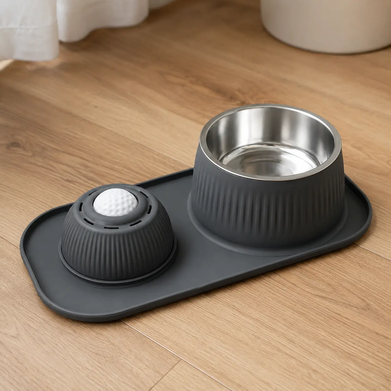 2-in-1 Dog Slow Feeder & Water Bowl Set with Rolling Lick Ball, Stainless Steel Bowl and Spill-Proof Non-Slip Silicone Mat for Small & Medium Dogs